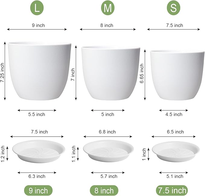 Modern Plant Pots Set, 9/8/7.5 inch Plastic Planters for Indoor Plants, Stylish Flower Pots with Drainage Holes and Saucers for House Plants and Flowers, White