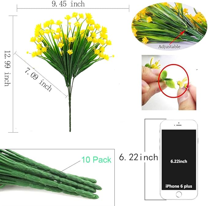 Artificial Flowers Outdoor UV Resistant Fake Plants Indoor Outside Hanging Planter Home Garden Decor, 10 Bundles (Yellow)