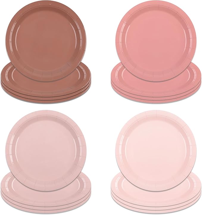 Dusty Pink Paper Plates 7Inch Gradient Pink Party Plates 4 Colors Disposable Round Dessert Plates for Coquette Birthday Wedding Bridal Shower Party Supplies (24)