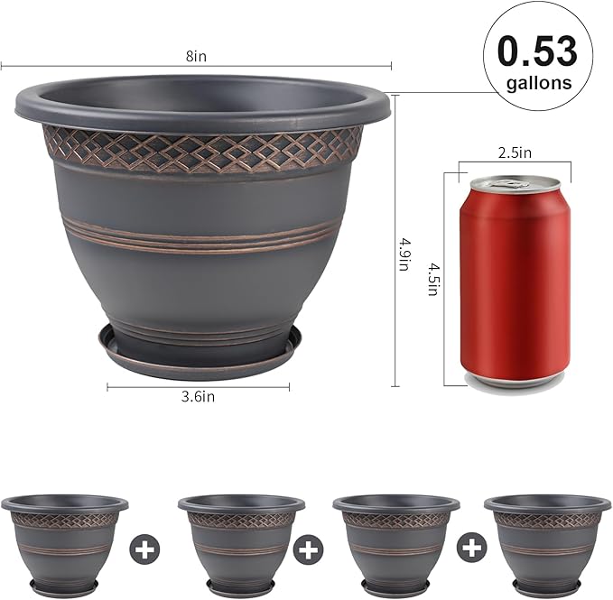 6 Pack 8 Inch Plant Pots, Plastic Flower Pot for Indoor & Outdoor with Drainage Holes & Saucer, Plaid Pattern Planters Garden Pots for Herbs