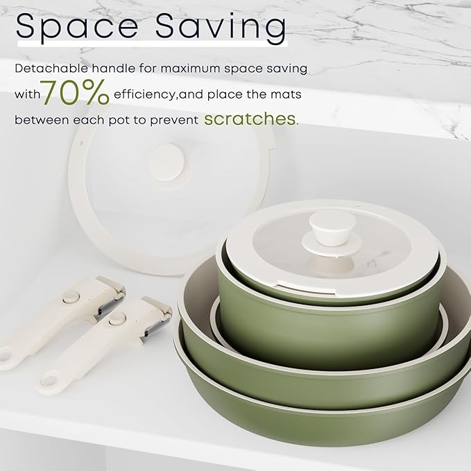Caannasweis Detachable Nonstick Cookware Set - Stackable Induction Pots and Pans With Removable Handles, Dishwasher Safe - For RV Camping, Oven and Stovetop Use, 5 Pieces (Green)