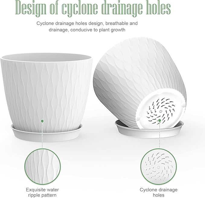 6 Inch Plant Pots, 6 Pack Flower Pots for Indoor and Outdoor Use, Planters with Drainage Holes and Saucers, White