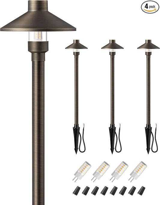 EDISHINE Solid Brass Low Voltage Pathway Lights Wired, Heavy Duty 22" Tall Outdoor Landscape Path Light, 12V LED Landscape Lighting, Bronze Waterproof for Garden Yard Walkway, G4 Bulb Included, 4 Pack