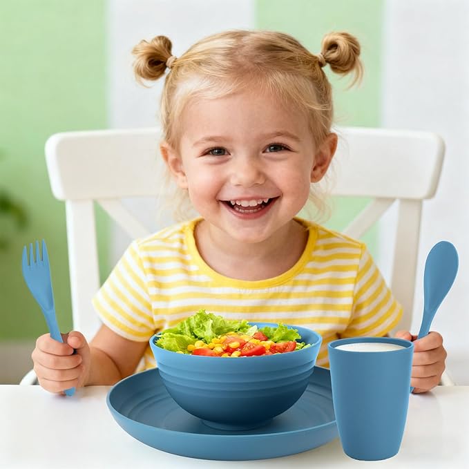 Premium Wheat Straw Dinnerware Sets for 4, Reusable Plastic Dinner Plates, Unbreakable Plates and Bowls Sets 20-Piece, Dishwasher & Microwave Safe - Blue