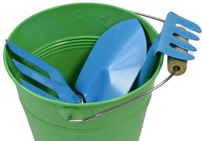 JustForKids 2 Pack Garden Tool Set – Green & Blue Metal Pails with Mini Shovel, Rake & Cultivator, Wooden Handles – Outdoor Gardening Tools for Kids