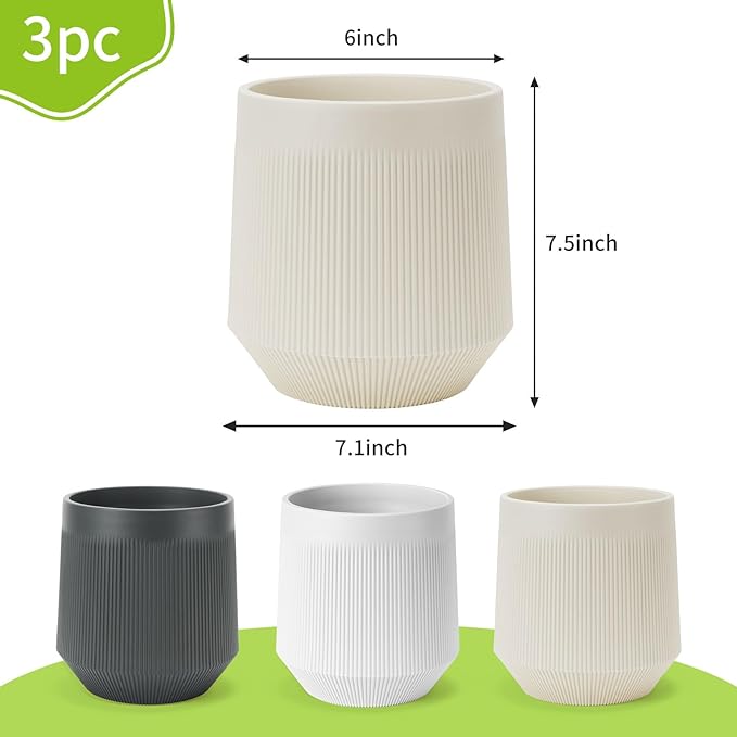 Plant Pots，Set of 3 Plastic Pots for Indoor Plants,Flower Pots Outdoor Planters with Drainage Hole and Seamless Saucer, White,Milky-Yellow,Gray