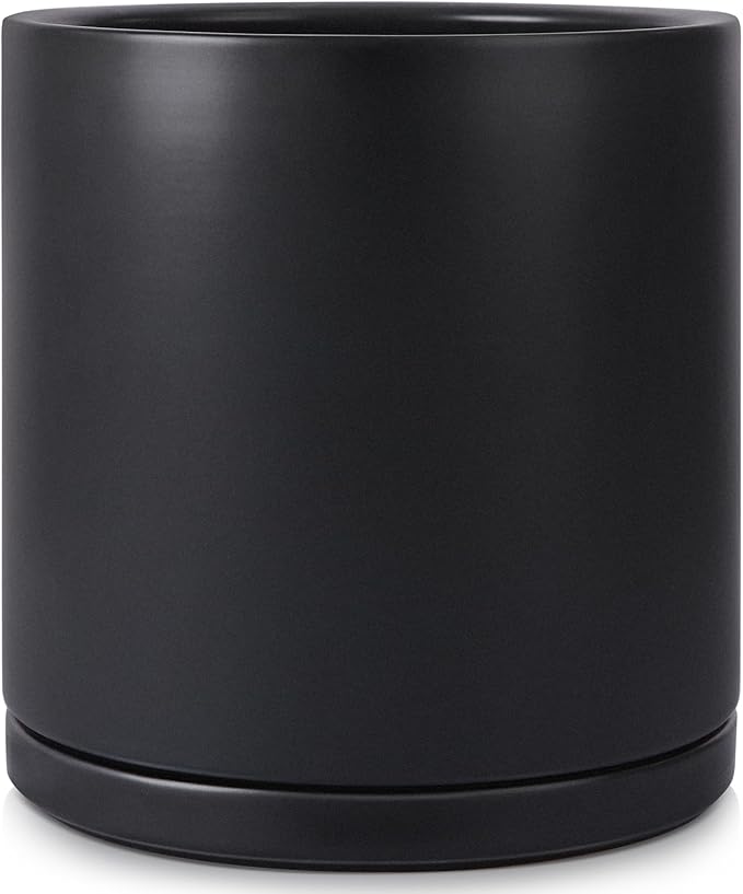 Kazeila 12 Inches Ceramic Planter Pot - Saucer and Drainage Hole - Full Glazed - Matte Black