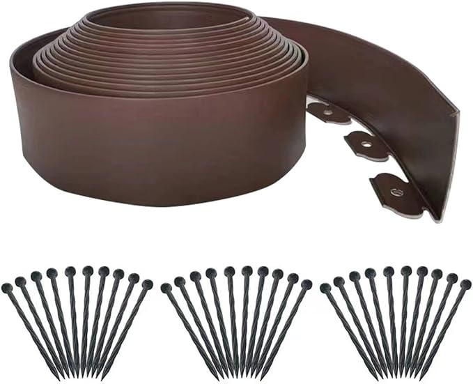 Landscape Edging 33ft,Garden Edging Borders[Extra Tall 4IN ] Flexible Lawn Edging Kit with 30pcs Spikes,Heavy Duty Landscaping Edge Mini Plastic Fence for Yard Grass Flower Bed -Brown