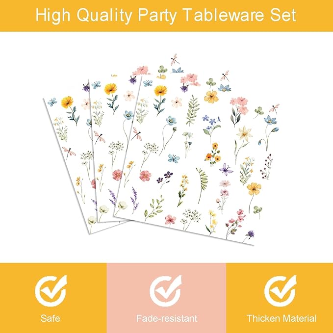 96 Pcs Wildflower Party Supplies Paper Plates and Napkins Disposable Spring Floral Baby Shower Birthday Tableware Decorations for Spring Summer Picnic Wedding Tea Party, Serve 24 Guests