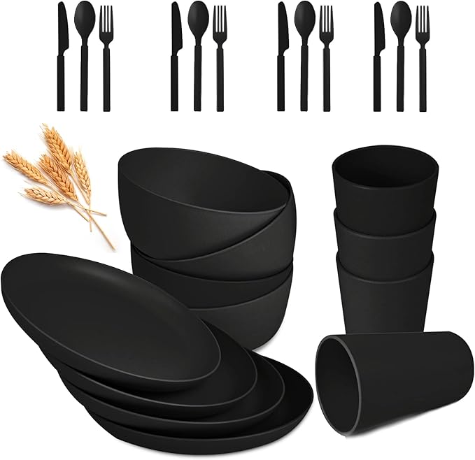 Wheat Straw Dinnerware Sets - 24 pcs Lightweight Unbreakable Dishwasher Microwave Safe Cups Cutlery Plates and Bowls Set for 4 Suitable for Camping Party Grill（Black）