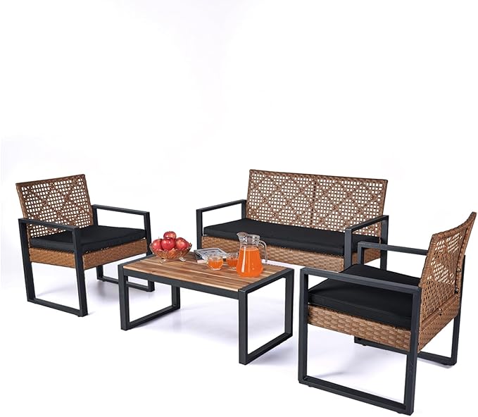 BEEFURNI Wicker Patio Furniture Outdoor Conversation Set of 4, Acacia Wood Table, 2 Rattan Chairs, 1 Loveseat, 2” Cushions, All-Weather, Easy Assembly, 1-Year Manufacturer Warranty (Brown)