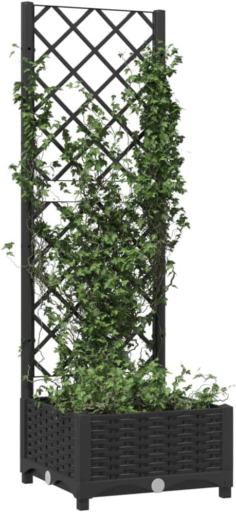 Garden Planter Box with Trellis, Outdoor Raised Garden Bed for Climbing Plants, Black 15.7"x15.7"x47.8" PP