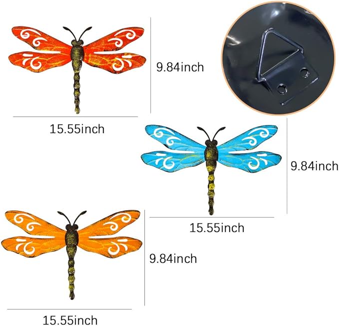 Scwhousi Metal Dragonfly Wall Decor Outdoor Garden Fence Art,Hanging Decorations for Living Room, Bedroom, 3 Pack