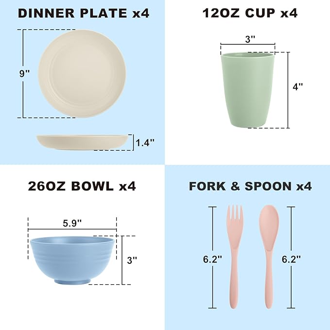 Wheat Straw Dinnerware Sets, Service for 4, Kitchen Plates and Bowls Sets with Dinner Plate/Cereal Bowl/Cup/Fork/Spoon, 20-Piece for Outdoor Camping, RV, Apartment Essentials - Colorful