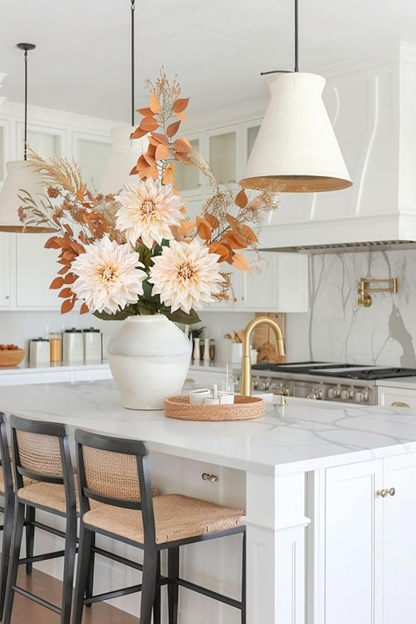 3Pcs White Artificial Dahlia Flowers Fall Fake Flower Silk Flowers with Long Stem 28" Floral Arrangements Bouquets Autumn Faux Dahlias Flowers for DIY Wedding Party Centerpieces Home Decor