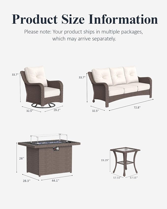 LayinSun 5 Piece Wicker Outdoor Furniture Set with 6-inch Comfy Cushions, High Back Patio Furniture Set with Swivel Rocking Chairs and Fire Pit Table