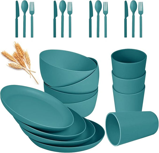 24pcs Wheat Straw Dinnerware Sets, Wheat Straw Plates and Bowls Sets for 4 Microwave Dishwasher Safe Lightweight （Green）