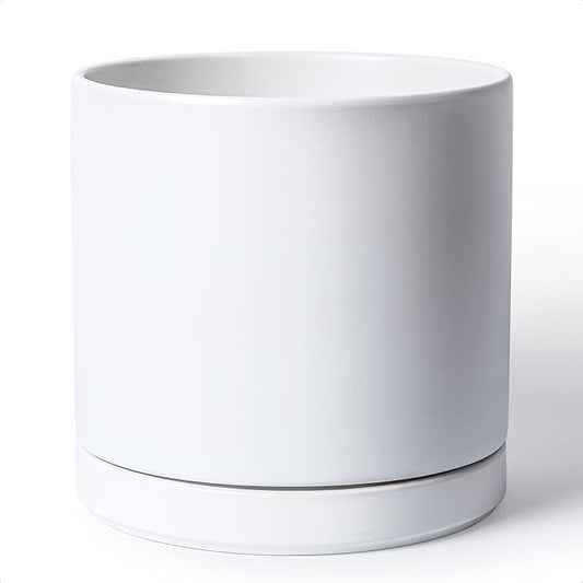 D'vine Dev 12 Inch Ceramic Planter Pot with Drainage Hole and Saucer, Indoor Cylinder Round Planter Pot, White, 94-O-F-1