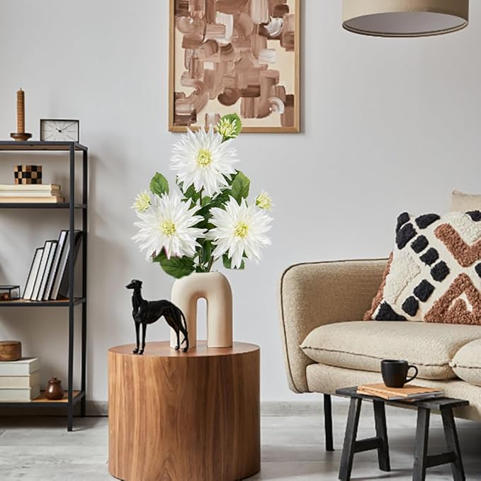 3Pcs White Artificial Dahlia Flowers 29.5" Fake Flower Silk Flowers with Long Stem Floral Arrangements Bouquets Faux Dahlias Flowers for DIY Wedding Party Centerpieces Decor Home Office Decoration