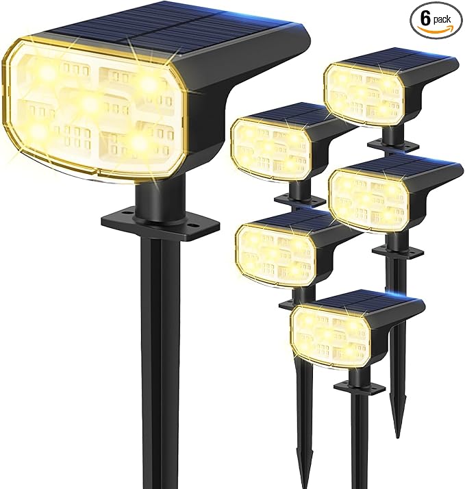 Solar Lights Outdoor Waterproof IP65, Super Bright LED, 3000K 2 Lighting Modes, Solar Powered Yard Garden Solar Spot Lights for Outside Landscape Auto On/Off -6 Pack
