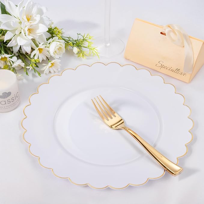 SUT 72 Pcs White Plates Disposable, White Plastic Plates With Gold Trim, 10.25 Inch Gold Dinner Plates, Fancy Plastic Plates, Plates Disposable Heavy Duty for Wedding, Parties, Banquets