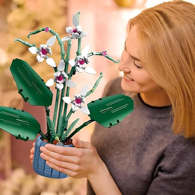 DIY Orchid Artificial Plant Building Kit – Creative Botanical Model with Vase, Relaxing Hobby Craft Set for Adults, Building Blocks Compatible with LEGO, Perfect for Home Decor, Birthdays, Anniversary