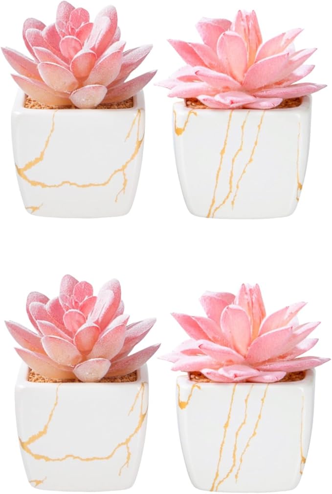 Artificial Succulent in 4PCS White Ceramic Pot, Small Fake Succulents Plants for Office and Desk Decor,Bathroom, Bedroom, Shelves, Vanity for Women