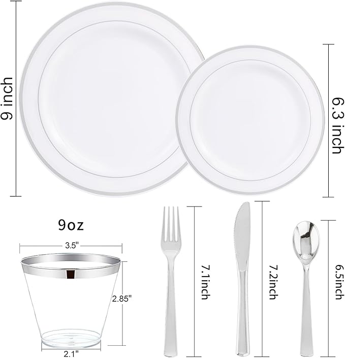 WELLIFE 300Pcs Silver Elegant Plastic Dinnerware Set for 50 Guests - Premium Disposable Party Supplies Includes Dinner Plates, Salad Plates, Cups & Flatware Set for Wedding, Anniversary, Banquet