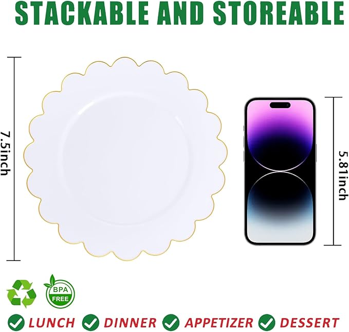 SUT 72Pcs Plastic Plates-7.5inch White Dessert Plates with Gold Trim, White Disposable Plates, Disposable Plates,Fancy Plastic Plates, Heavy Duty Plastic Plates for Wedding & Parties