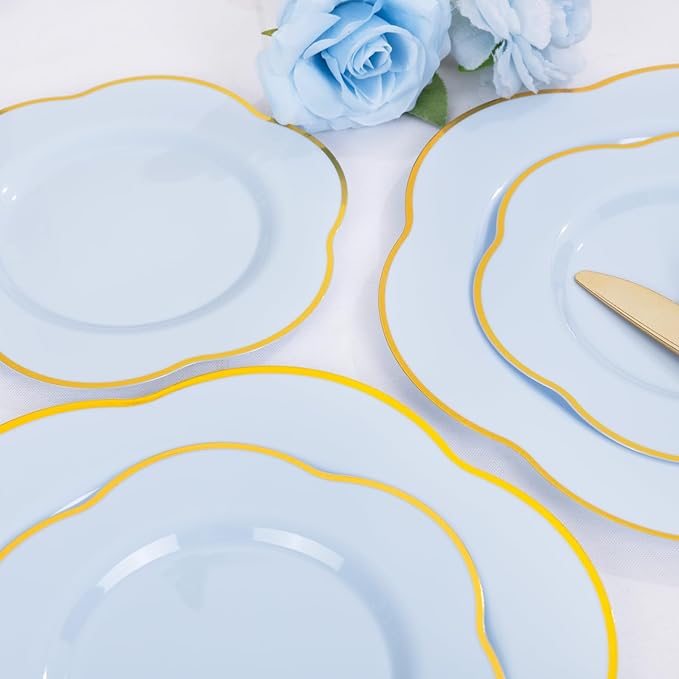 Liacere 50PCS Blue Plastic Plates - Heavy Duty Ice Blue Disposable Plates - Blue and Gold Plastic Plates Include 25PCS Blue Dinner Plates, 25PCS Blue Dessert Plates for Baby Shower Gifts
