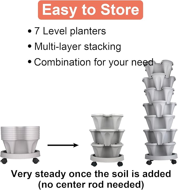 Vertical Planter 7 Tier Stackable Planters Garden Planters Strawberry Herb Flower and Vegetable Planter Indoor Outdoor Gardening Pots with Removable Wheels and Tools 2-Pack