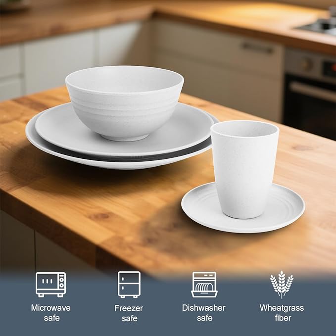 Wheat Straw Dinnerware Sets - 40 PCS Unbreakable Plates and Bowls Sets Service for 8 Kitchen Dishes Set, Dinner Plates, Cereal Bowls, Cups Set Camping Dish Dishwasher & Microwave Safe - White