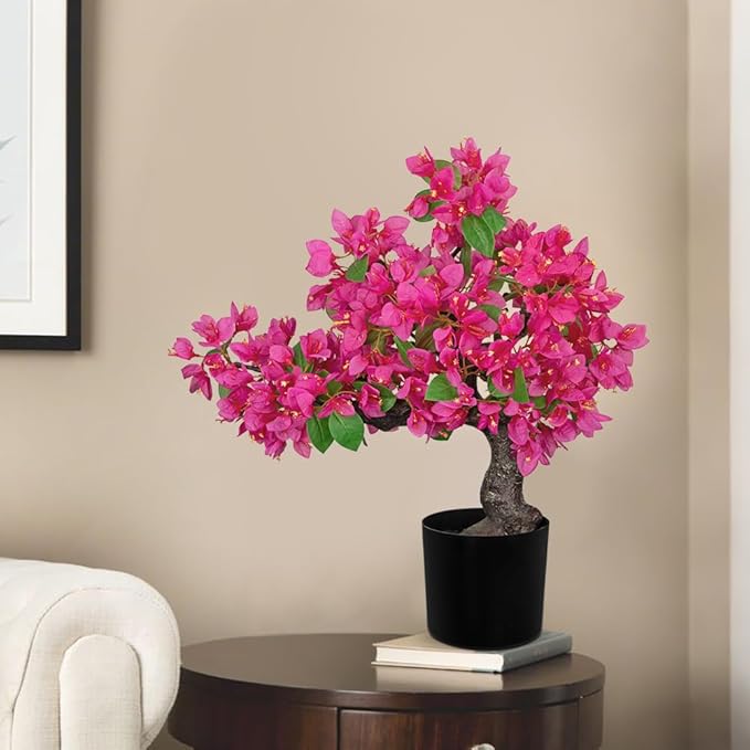Briful Artificial Bougainvillea Flower Plant 20.8" Bougainvillea Bonsai Tree with Black Pot Silk Bougainvillea Floral Centerpiece for Home Office Dining Table Shelf Bathroom Decor(Hot Pink)