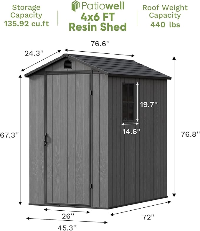 Patiowell 4 x 6 Resin Storage Shed with Floor, Outdoor Plastic Garden Shed with Lockable Door & Window, Easy Assembly Tool Shed for Backyard, Dark Gray
