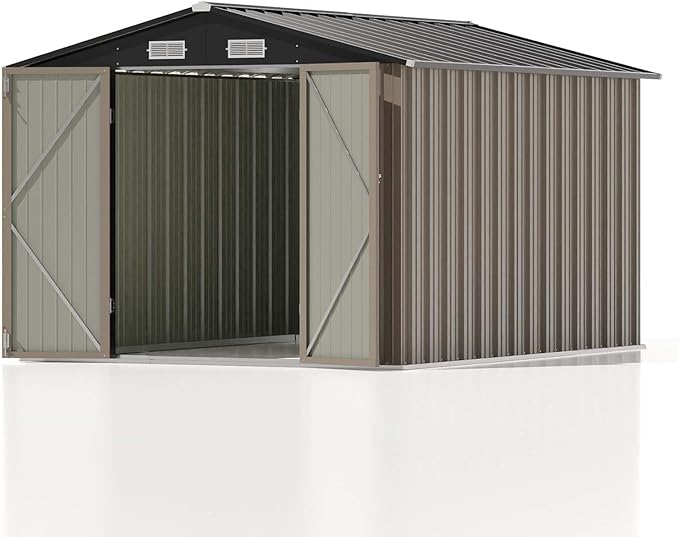 Patiowell 8x10 FT Outdoor Storage Shed, Large Garden Tool Metal Shed with Sloping Roof and Double Lockable Door, Outdoor Shed for Backyard Garden Patio Lawn, Brown