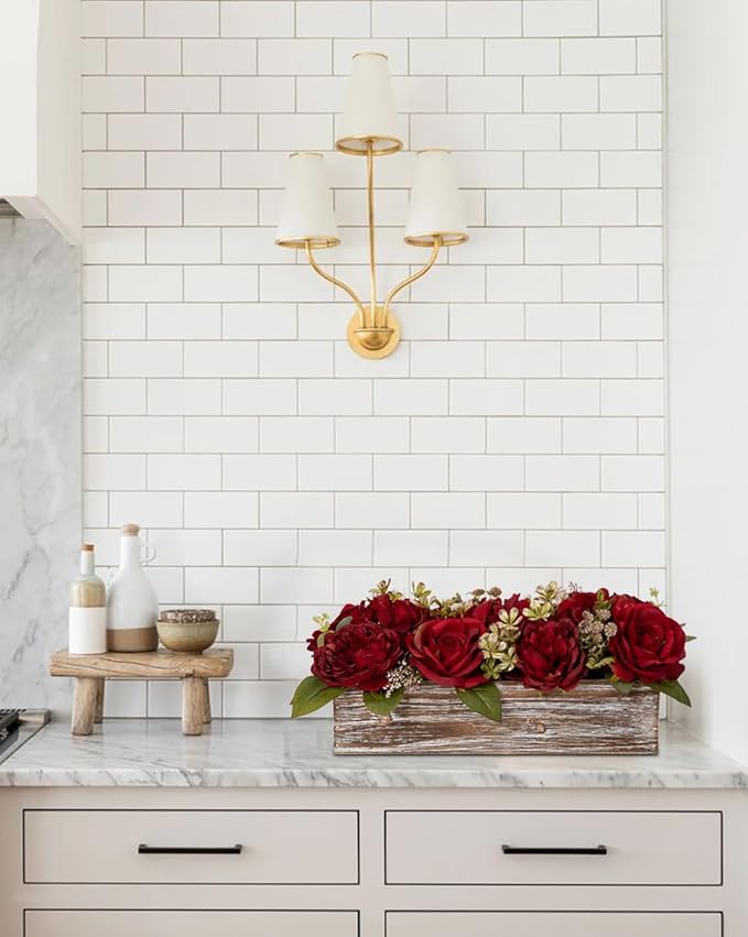 Flower Arrangement with Wooden Vase 14" Artificial Flowers in Pot - Fake Flowers Roses Peonies Hydrangeas in Wooden Vase Potted Artificial Flower Centerpieces for Table Decor Living Room - Red