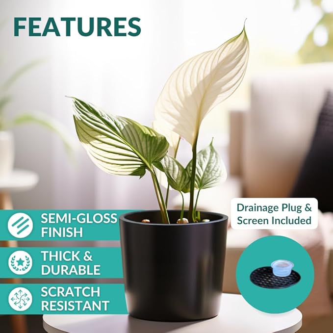 Willowy 9 Inch Black Ceramic Plant Pot with Drainage - 9 Inch Plant Pot for Indoor Plants, Flower Planter, Tall Modern Planter