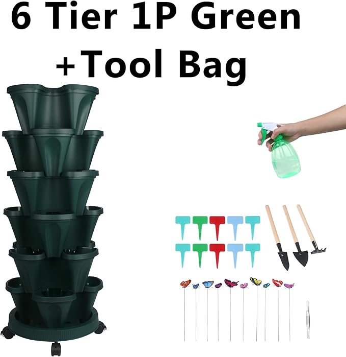Vertical Planter, 6 Tier Stackable Strawberry Planter with Garden Tool Set, Movable Indoor/Outdoor Garden Herb Pot for Growing Vegetables and Succulents, Green