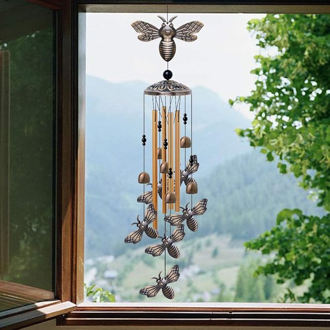 Garden Bee Wind Chimes Outdoor Indoor Decor - with 4 Tubes 6 Bells 7 Bees Wind Chime, Mobile Romantic Bee Wind Catcher, Bees Windchimes for Home, Mom Gifts, Balcony, Tree, Festival, Garden Decoration