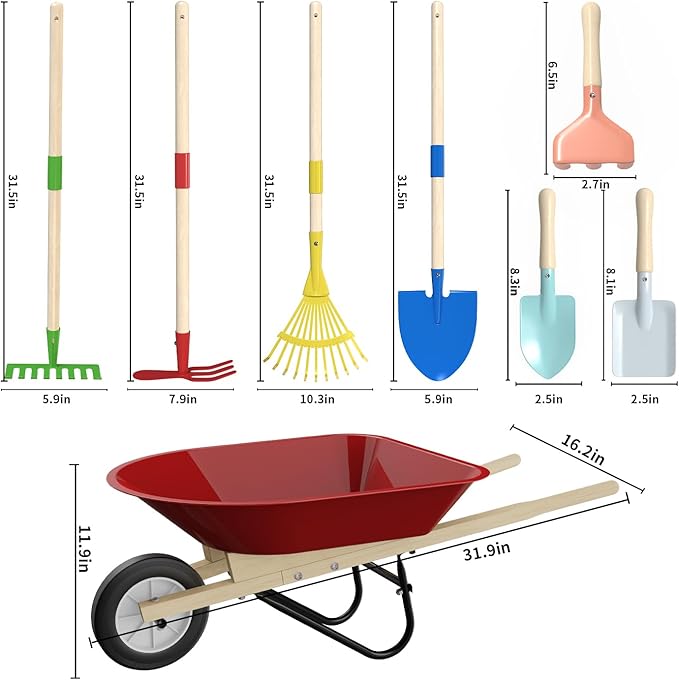 Kids Wheelbarrow Set with Gardening Tools Outdoor Backyard Garden Play for Toddlers Boys Girls 3-8, with Shovel, Rake, Leaf Rake, Easter Birthday Gifts (Red Garden Set)