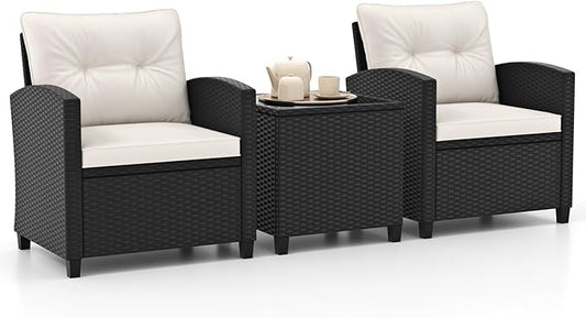 HAPPYGRILL 3 Pieces Wicker Patio Conversation Set, PE Rattan Bistro Sofa Set with Tempered Glass Coffee Table, Washable Cushions, Outdoor Furniture Set for Garden Poolside Balcony (Off White)