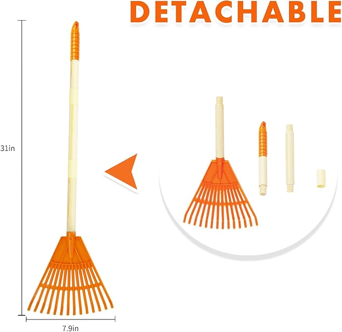 Kids Rakes, 4 Pieces 31" Heavy Duty Lawn Tool for Leaves, Child Size, Plastic Head & Wooden Handle, Gardening Tools for Boys Girls Gifts Age 3 Year Old and Up