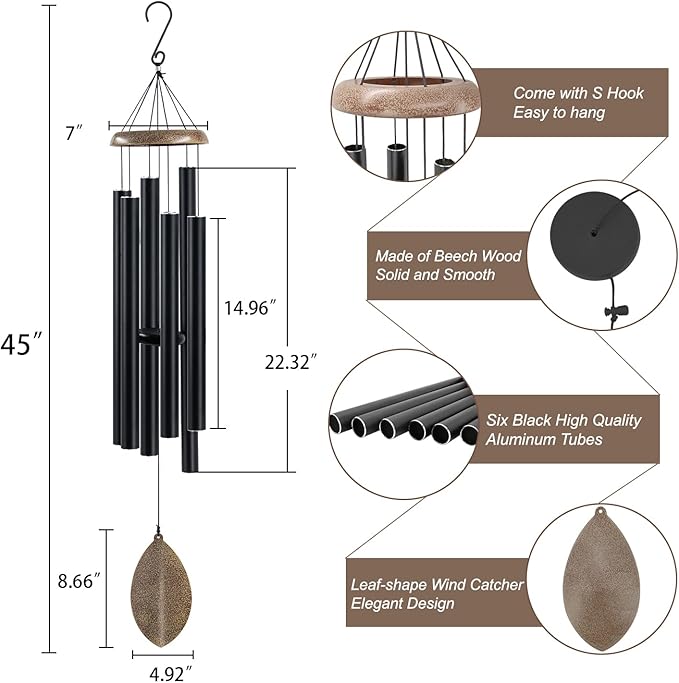 Wind Chimes Outside Deep Tone, 45 in WindChimes Large with 6 Heavy Tubes, Large Deep Tone Wind Chime Outdoor for Garden Hanging Décor,Sympathy Gifts, Black