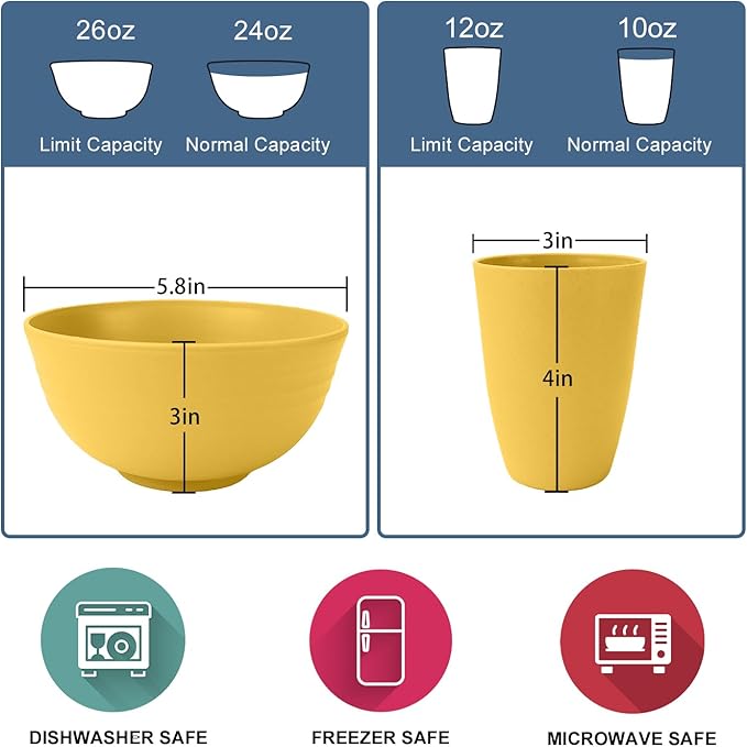 Wrova 40Pack plates and bowls sets for kids - Unbreakable wheat straw dinnerware sets service for 8 - Alternative plastic 40pcs dish sets for kitchen, camping and indoors dinning - (Yellow)