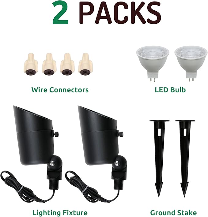 Lumina Lighting® 4W Landscape Lighting 12V Landscape Lights Low Voltage Landscape Spotlights Warm White Waterproof Outdoor Replaceable LED Bulb for Garden, Lawn, Porch, Patio and Yard(Black, 2-Pack)