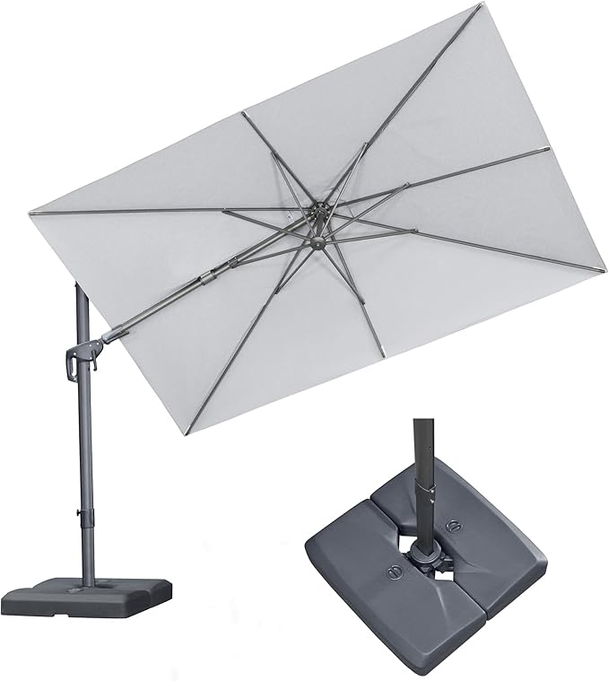 PURPLE LEAF 10' X 6.5' Swivel Outdoor Patio Aluminum Umbrella with Base Left-right Tilting Cantilever Offset Umbrella with UV Resistant Heavy Duty Fabric for Deck Pool Patio Backyard, Pebble Grey