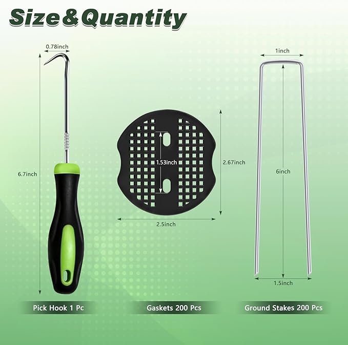 FEED GARDEN 6 Inch 200 Pcs Galvanized Landscape Staples 200 Pcs Gaskets Pick Hook Garden Stakes 11 Gauge Anti-Rust Landscaping Fabric SOD Pins U Shaped Yard Turf Stakes for Weed Barrier Fabric
