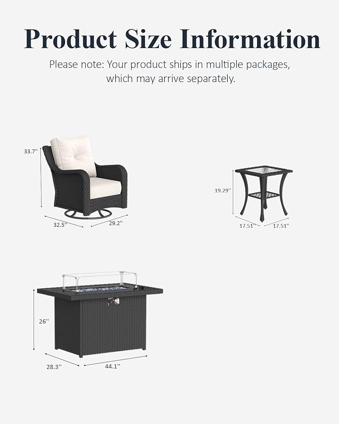 LayinSun 7 Piece Wicker Outdoor Furniture Set with 6-inch Comfy Cushions, High Back Patio Furniture Set with Swivel Rocking Chairs and Fire Pit Table