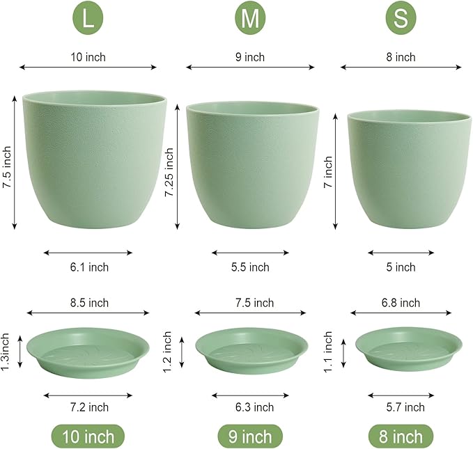 WOUSIWER Plant Pots 10/9/8 inch, Set of 3 Modern Decorative Plastic Planters with Drainage Holes and Saucers for House Plants Indoor Flowers Plants, Green