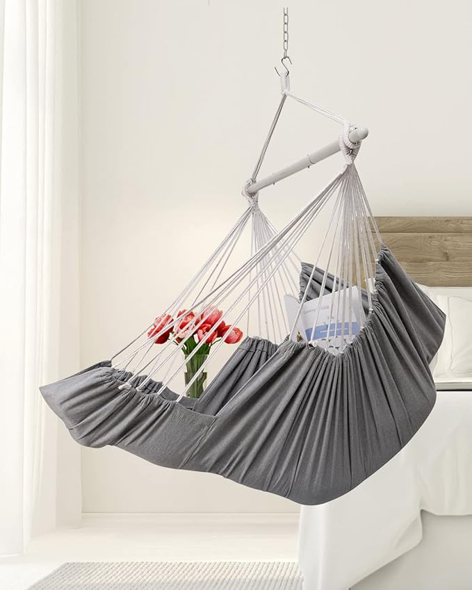 Miztli Hammock Chair Hanging Chair Swing for Bedroom with Foot Rest, Max 500 Lbs, Steel Spreader Bar with Anti-Slip Rings-2 Cushions Included-Indoor and Outdoor
